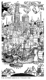 woodcut of 16th c. Antwerp Harbour